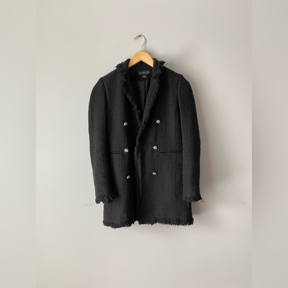 Rachel Zoe Black midi Tweed Blazer Coat Jacket size XS